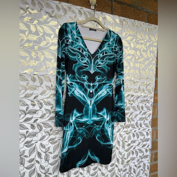 La Pateau Cyber Core Smoke Print V-Neck Mini Dress | Teal & Black size small - Picture 5 of 9